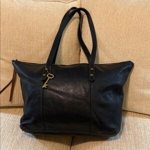 Vintage Fossil Black Leather Tote with Gold Key Charm